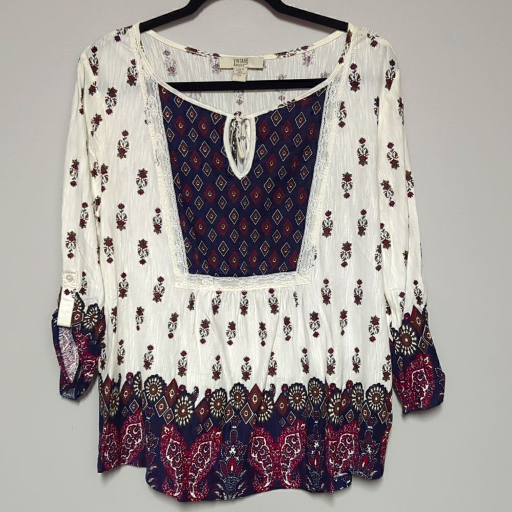 Vintage America Blues Cream Long Sleeve Blouse